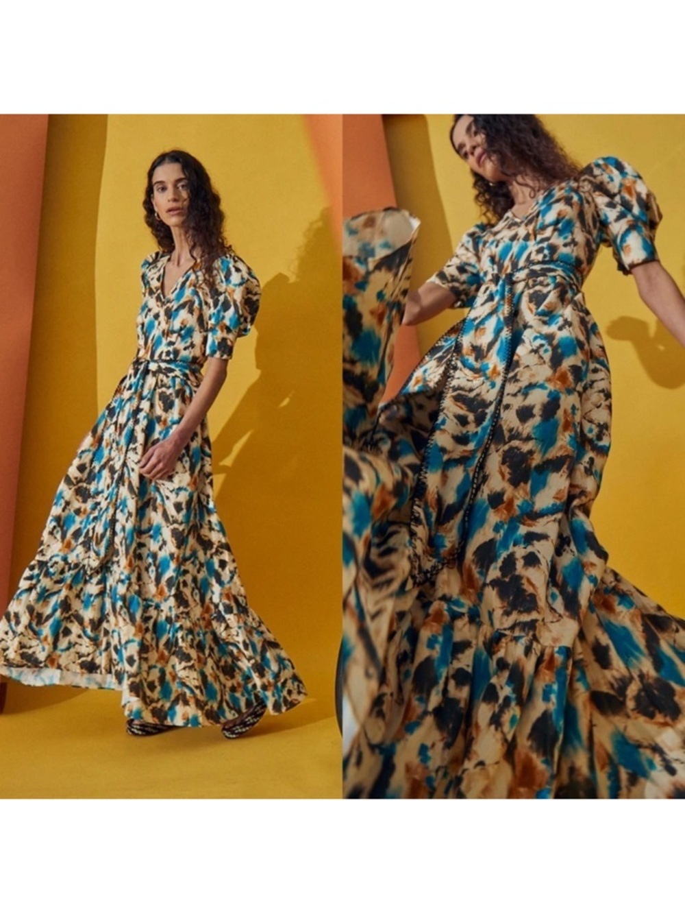 HUNTER BELL Blue, Brown and Cream Maxi Dress
